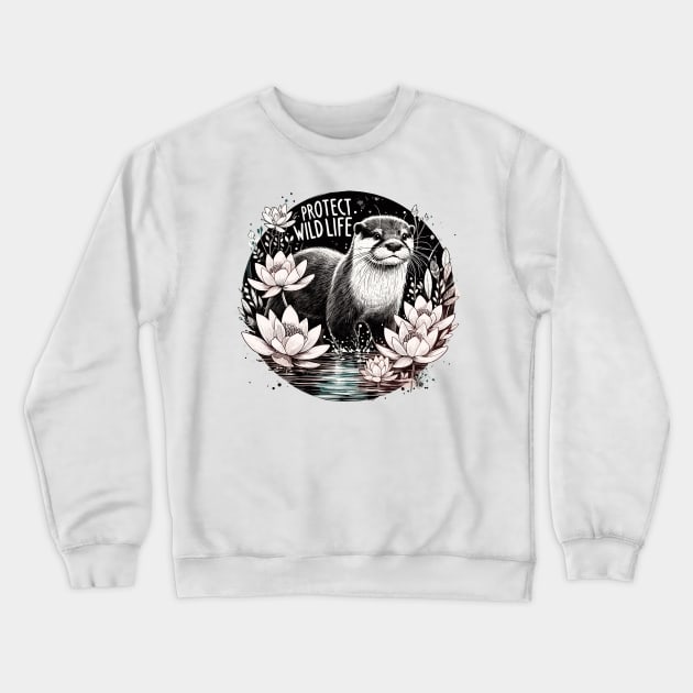 Protect Wildlife - Otter and water lilies Crewneck Sweatshirt by PrintSoulDesigns
